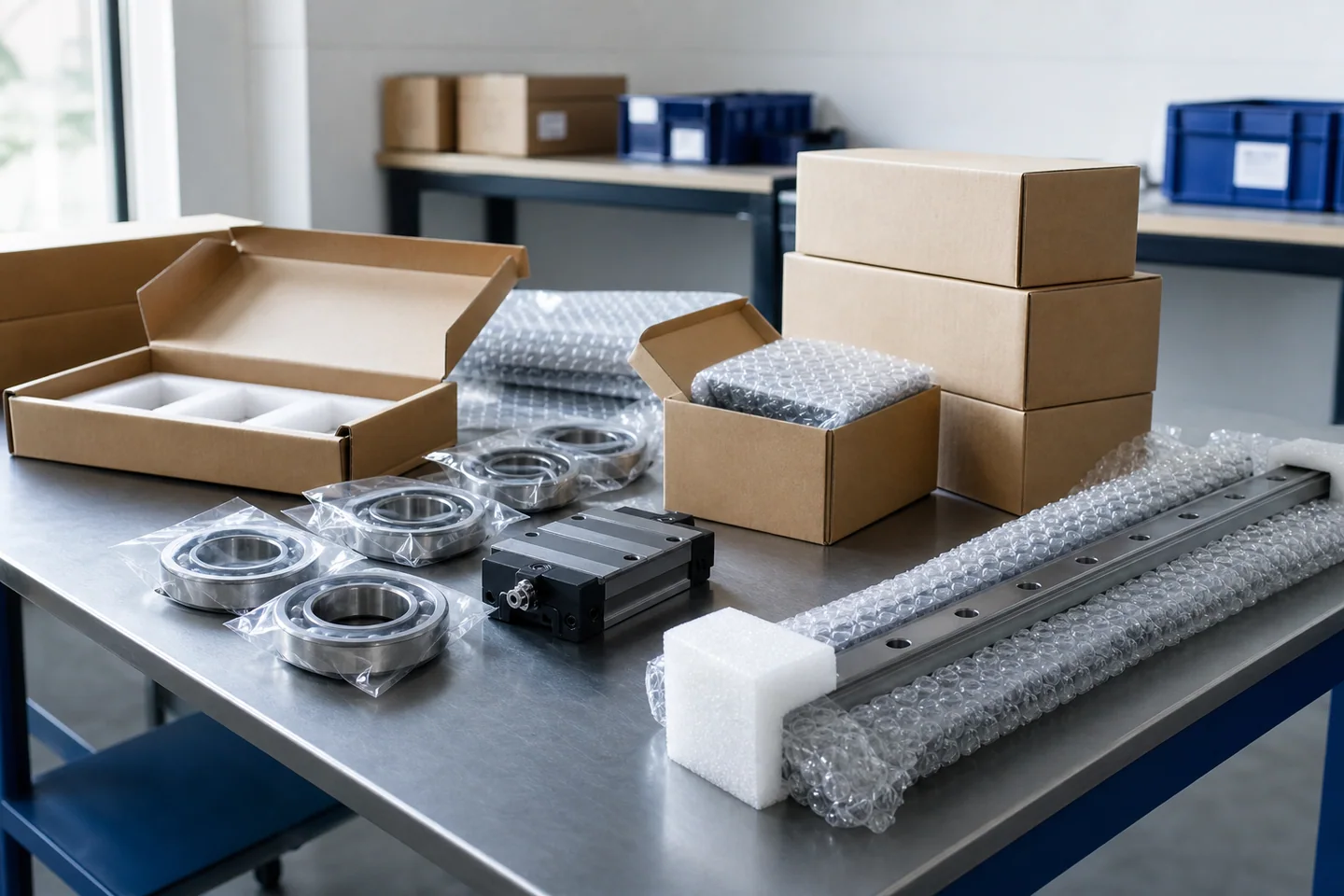 Precision bearings and linear guide components prepared for export packing