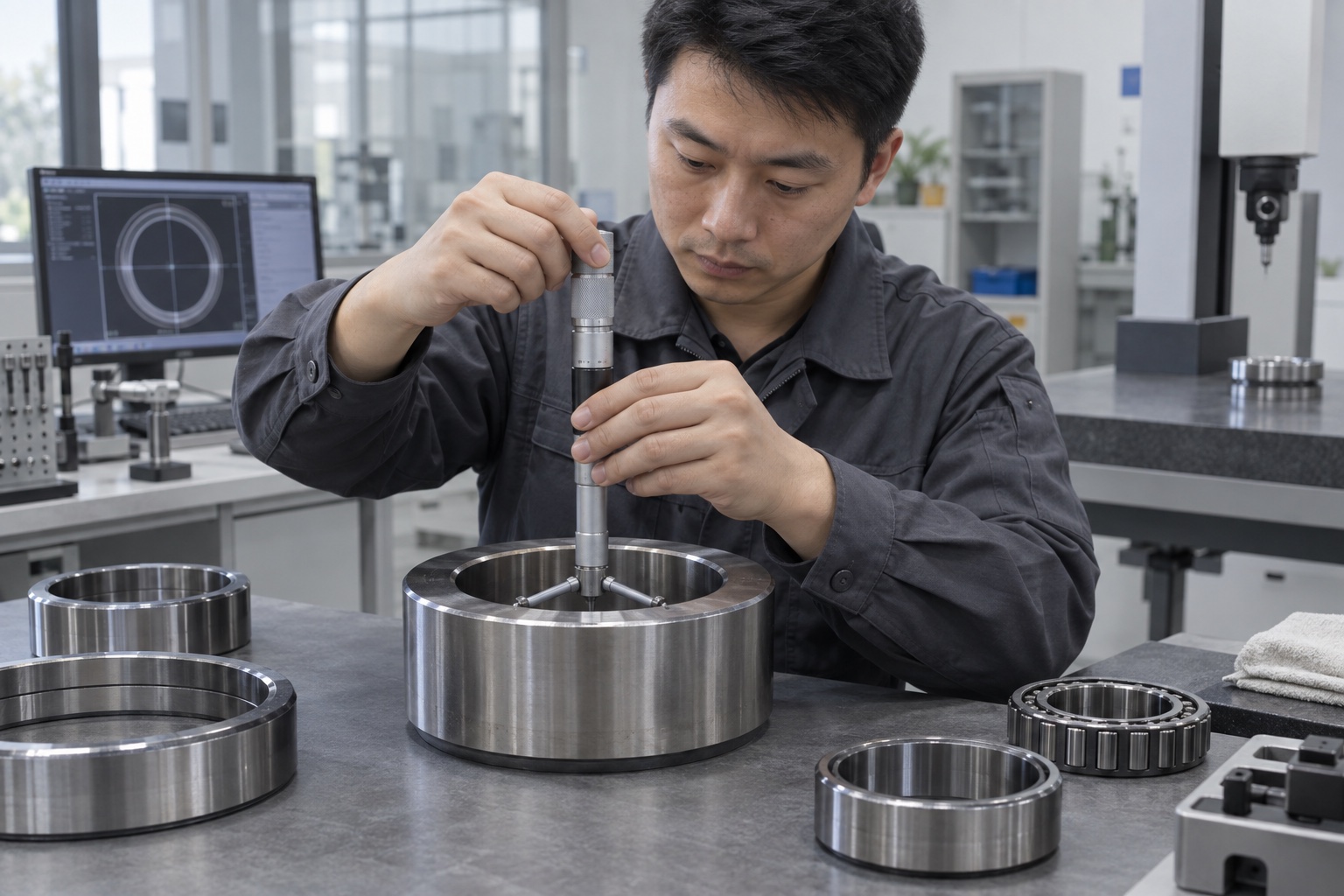 Technician using a three-point internal instrument inside a large bearing ring bore