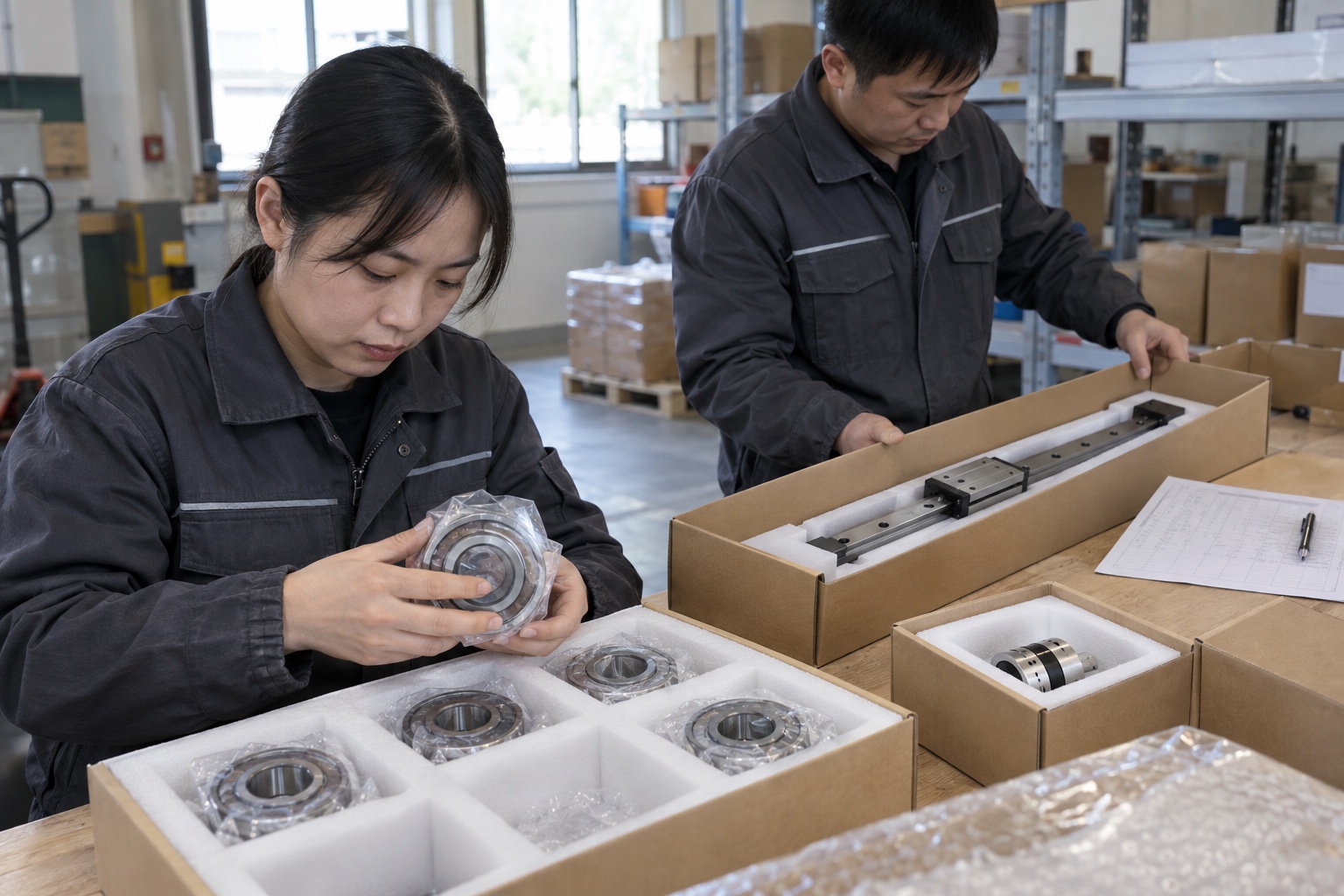 Chinese staff reviewing count and protective packing of bearings, linear guides and a coupling