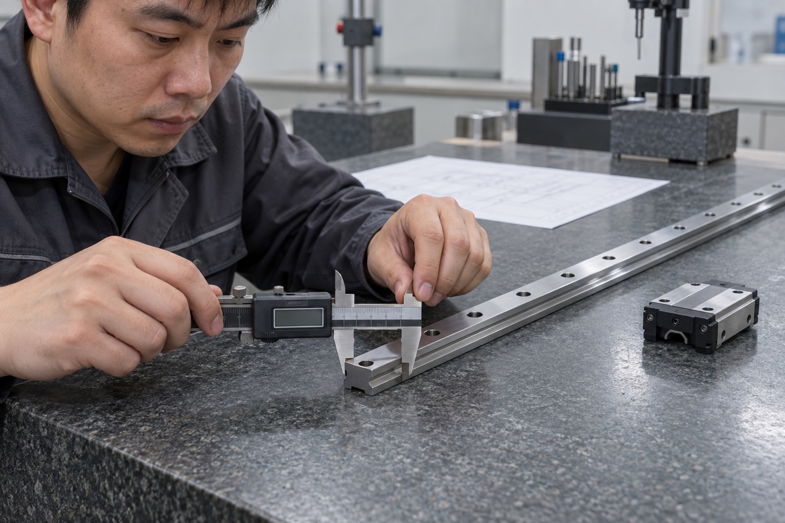 Technician using the outside jaws of a caliper on a straight guide rail with a matching block nearby