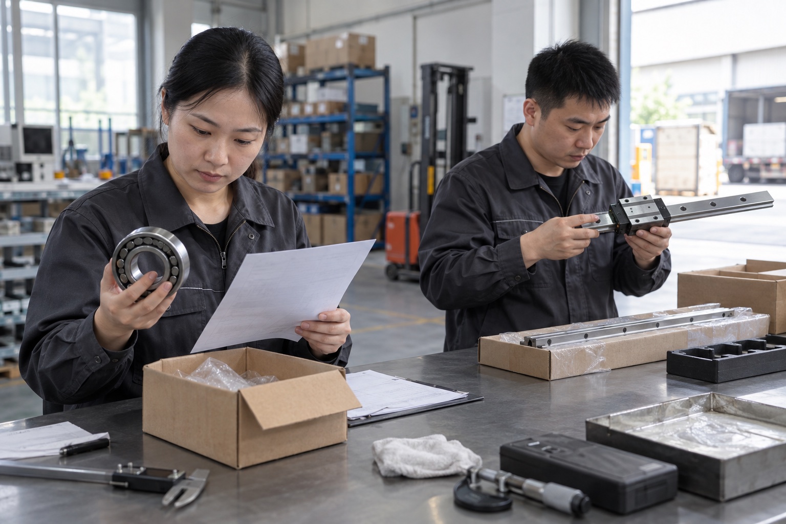 Receiving-stage review of bearings and linear guides against an item list